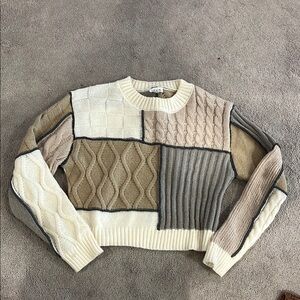 Le Lis Patchwork Knit Sweater - Cream, Brown, Tan